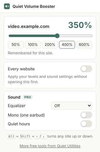 Quiet Volume Booster popup boosting a video to 350%